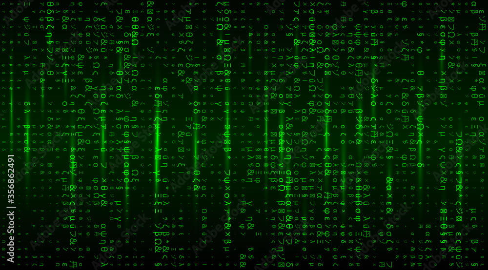 Vector Matrix background with the green symbols. Stream of futuristic code symbols on screen. Coding or Hacker concept.