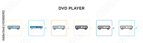 Dvd player vector icon in 6 different modern styles. Black, two colored dvd player icons designed in filled, outline, line and stroke style. Vector illustration can be used for web, mobile, ui