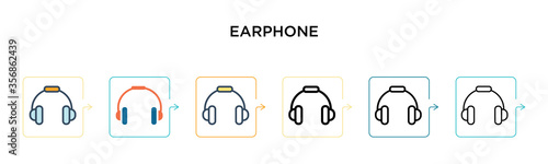 Earphone vector icon in 6 different modern styles. Black, two colored earphone icons designed in filled, outline, line and stroke style. Vector illustration can be used for web, mobile, ui