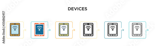 Devices vector icon in 6 different modern styles. Black, two colored devices icons designed in filled, outline, line and stroke style. Vector illustration can be used for web, mobile, ui