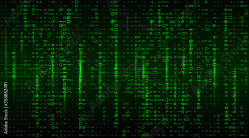 Fototapeta Naklejka Na Ścianę i Meble -  Vector Matrix background with the green symbols. Stream of futuristic code symbols on screen. Coding or Hacker concept.