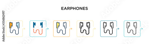 Earphones vector icon in 6 different modern styles. Black, two colored earphones icons designed in filled, outline, line and stroke style. Vector illustration can be used for web, mobile, ui