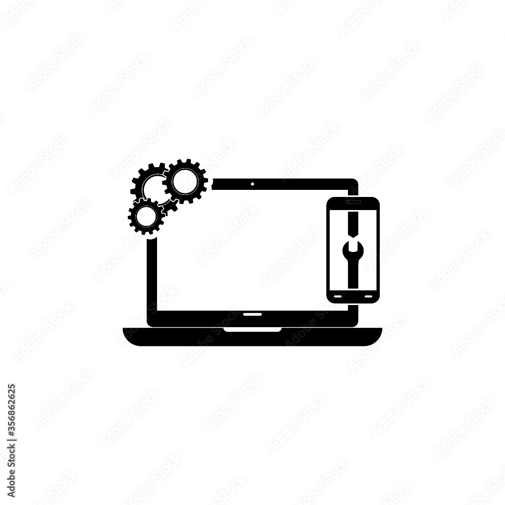Laptop and gear icon isolated on white background