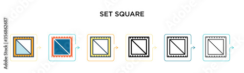 Set square vector icon in 6 different modern styles. Black, two colored set square icons designed in filled, outline, line and stroke style. Vector illustration can be used for web, mobile, ui