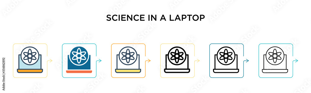 Science in a laptop vector icon in 6 different modern styles. Black, two colored science in a laptop icons designed in filled, outline, line and stroke style. Vector illustration can be used for web,