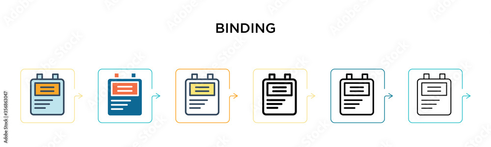 Binding vector icon in 6 different modern styles. Black, two colored binding icons designed in filled, outline, line and stroke style. Vector illustration can be used for web, mobile, ui Binding vector icon in 6 different modern styles. Black, two colored binding icons designed in filled, outline, line and stroke style. Vector illustration can be used for web, mobile, ui