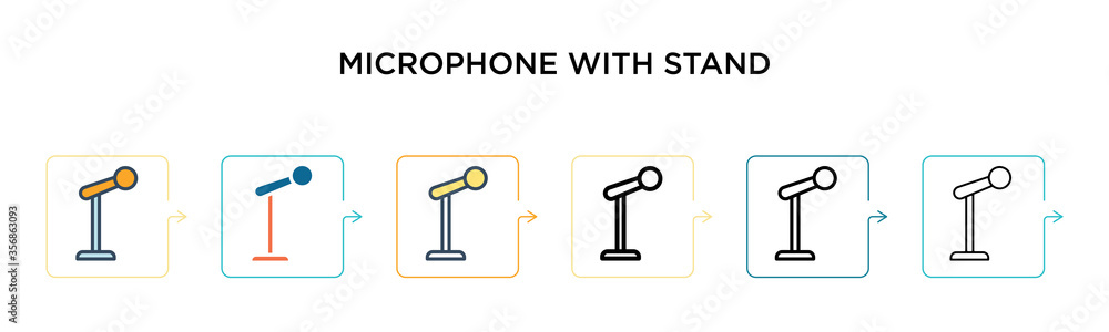 Microphone with stand vector icon in 6 different modern styles. Black, two colored microphone with stand icons designed in filled, outline, line and stroke style. Vector illustration can be used for Microphone with stand vector icon in 6 different modern styles. Black, two colored microphone with stand icons designed in filled, outline, line and stroke style. Vector illustration can be used for