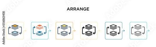 Arrange vector icon in 6 different modern styles. Black, two colored arrange icons designed in filled, outline, line and stroke style. Vector illustration can be used for web, mobile, ui