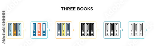 Three books vector icon in 6 different modern styles. Black  two colored three books icons designed in filled  outline  line and stroke style. Vector illustration can be used for web  mobile  ui