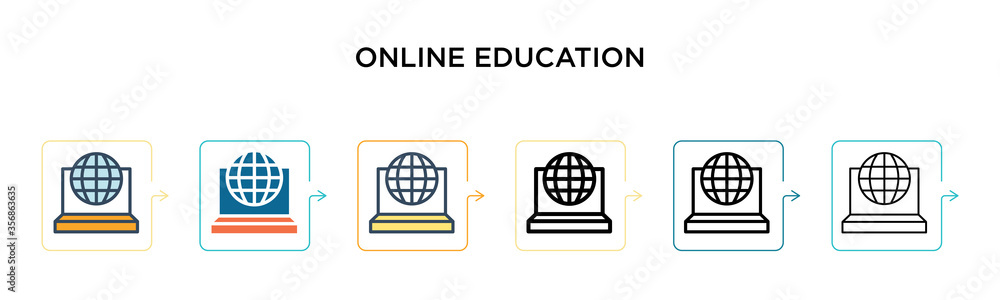 Online education vector icon in 6 different modern styles. Black, two colored online education icons designed in filled, outline, line and stroke style. Vector illustration can be used for web,