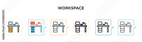 Workspace vector icon in 6 different modern styles. Black, two colored workspace icons designed in filled, outline, line and stroke style. Vector illustration can be used for web, mobile, ui