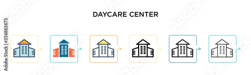 Daycare center vector icon in 6 different modern styles. Black, two colored daycare center icons designed in filled, outline, line and stroke style. Vector illustration can be used for web, mobile, ui
