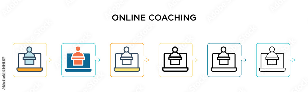 Online coaching vector icon in 6 different modern styles. Black, two colored online coaching icons designed in filled, outline, line and stroke style. Vector illustration can be used for web, mobile, Online coaching vector icon in 6 different modern styles. Black, two colored online coaching icons designed in filled, outline, line and stroke style. Vector illustration can be used for web, mobile,
