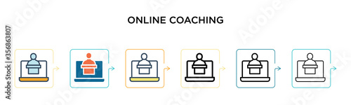 Online coaching vector icon in 6 different modern styles. Black, two colored online coaching icons designed in filled, outline, line and stroke style. Vector illustration can be used for web, mobile,