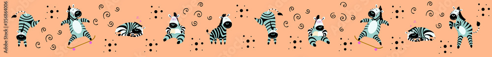 Long web banner with cute cartoon zebras. Social media cover image. Flat vector illustration. Long web banner with cute cartoon zebras. Social media cover image. Flat vector illustration.