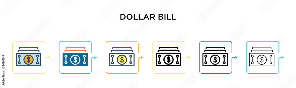 Dollar bill vector icon in 6 different modern styles. Black, two colored dollar bill icons designed in filled, outline, line and stroke style. Vector illustration can be used for web, mobile, ui Dollar bill vector icon in 6 different modern styles. Black, two colored dollar bill icons designed in filled, outline, line and stroke style. Vector illustration can be used for web, mobile, ui