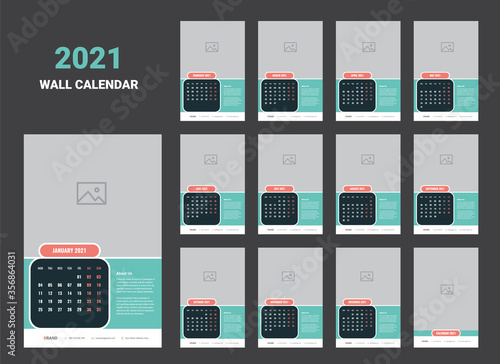 Calendar planner template for 2021 year. Stationery Design. Week starts on Monday. Set of 12 months. Vector Illustration