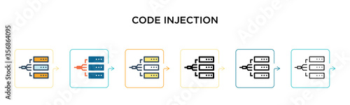 Code injection vector icon in 6 different modern styles. Black, two colored code injection icons designed in filled, outline, line and stroke style. Vector illustration can be used for web, mobile, ui
