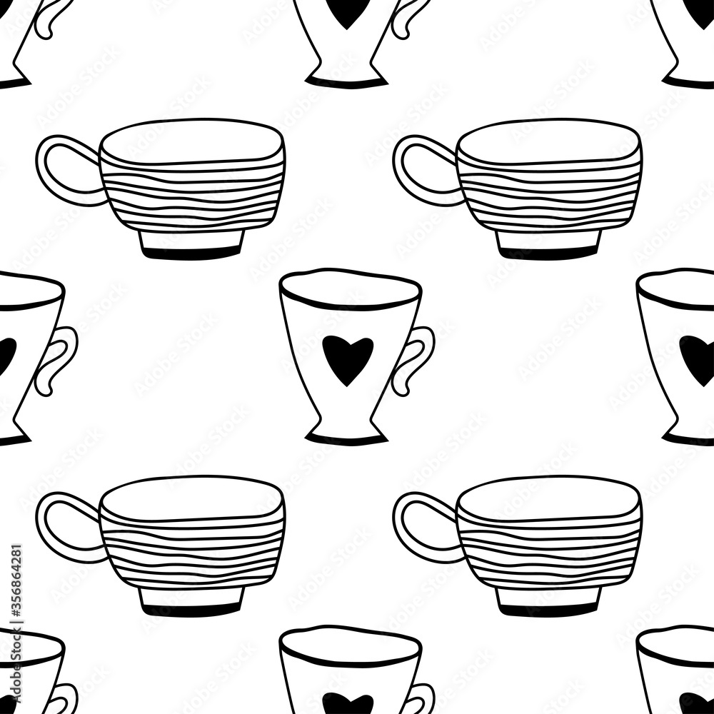 Tea and coffee mugs. Seamless pattern. Black and white illustration for coloring book Tea and coffee mugs. Seamless pattern. Black and white illustration for coloring book