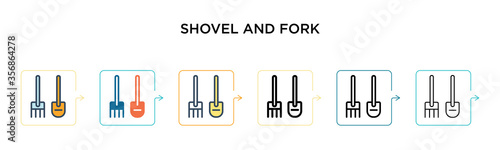 Shovel and fork vector icon in 6 different modern styles. Black, two colored shovel and fork icons designed in filled, outline, line and stroke style. Vector illustration can be used for web, mobile,