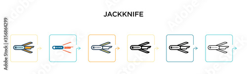 Jackknife vector icon in 6 different modern styles. Black, two colored jackknife icons designed in filled, outline, line and stroke style. Vector illustration can be used for web, mobile, ui