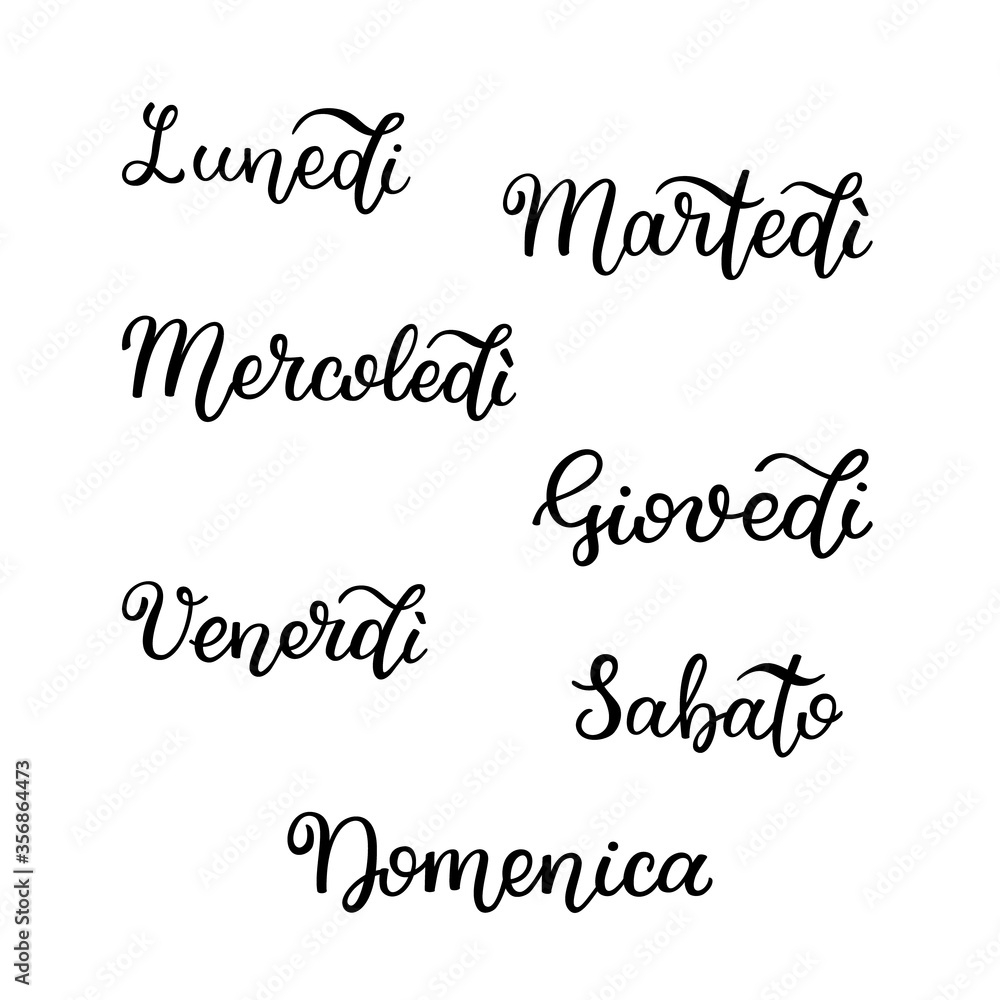 Lettering in Italian, days of the week - Monday, Tuesday, Wednesday, Thursday, Friday, Saturday, Sunday. Handwritten words for calendar, weekly plan, organizer. Lettering in Italian, days of the week - Monday, Tuesday, Wednesday, Thursday, Friday, Saturday, Sunday. Handwritten words for calendar, weekly plan, organizer.
