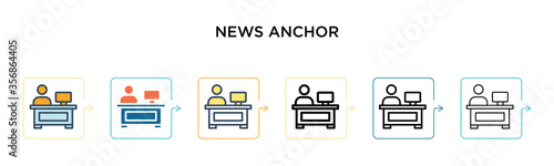 News anchor vector icon in 6 different modern styles. Black, two colored news anchor icons designed in filled, outline, line and stroke style. Vector illustration can be used for web, mobile, ui
