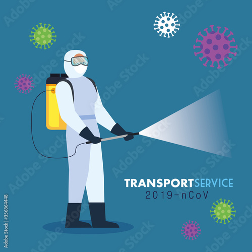 person in protective suit spraying disinfectant to cleaning and disinfection covid 19, for transport cleaning, coronavirus prevention vector illustration design