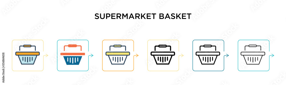 Supermarket basket vector icon in 6 different modern styles. Black, two colored supermarket basket icons designed in filled, outline, line and stroke style. Vector illustration can be used for web, Supermarket basket vector icon in 6 different modern styles. Black, two colored supermarket basket icons designed in filled, outline, line and stroke style. Vector illustration can be used for web,