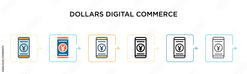 Dollars digital commerce vector icon in 6 different modern styles. Black, two colored dollars digital commerce icons designed in filled, outline, line and stroke style. Vector illustration can be used Dollars digital commerce vector icon in 6 different modern styles. Black, two colored dollars digital commerce icons designed in filled, outline, line and stroke style. Vector illustration can be used