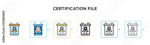 Certification file vector icon in 6 different modern styles. Black, two colored certification file icons designed in filled, outline, line and stroke style. Vector illustration can be used for web,