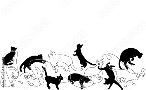 Pattern with cats. Continuous drawing style. Vector Background.