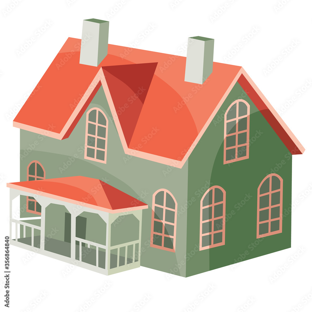 two-story country house with a red roof, flat, cartoon illustration, isolated object on a white background, vector illustration,