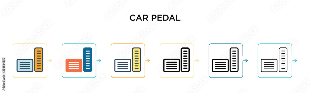 Car pedal vector icon in 6 different modern styles. Black, two colored car pedal icons designed in filled, outline, line and stroke style. Vector illustration can be used for web, mobile, ui Car pedal vector icon in 6 different modern styles. Black, two colored car pedal icons designed in filled, outline, line and stroke style. Vector illustration can be used for web, mobile, ui