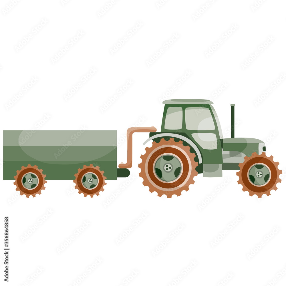 transport tractor with trailer for agricultural work, flat, cartoon illustration, isolated object on a white background, vector illustration,