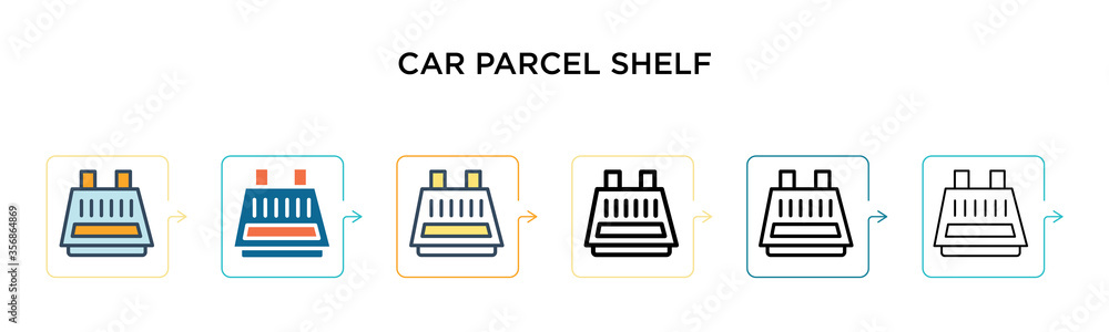 Car parcel shelf vector icon in 6 different modern styles. Black, two colored car parcel shelf icons designed in filled, outline, line and stroke style. Vector illustration can be used for web, Car parcel shelf vector icon in 6 different modern styles. Black, two colored car parcel shelf icons designed in filled, outline, line and stroke style. Vector illustration can be used for web,