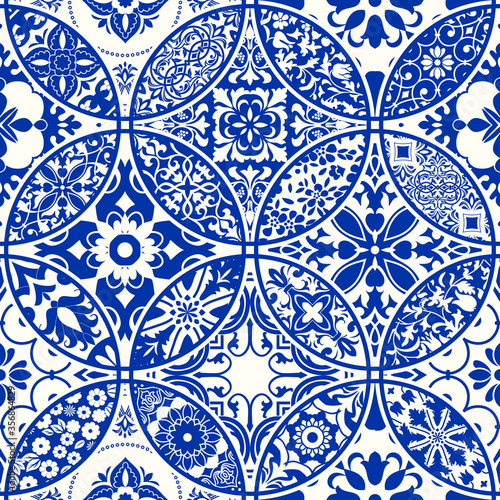 Majolica pottery tile, blue and white azulejo, original traditional Portuguese and Spain decor. Seamless patchwork tile with Victorian motives. Vector illustration.