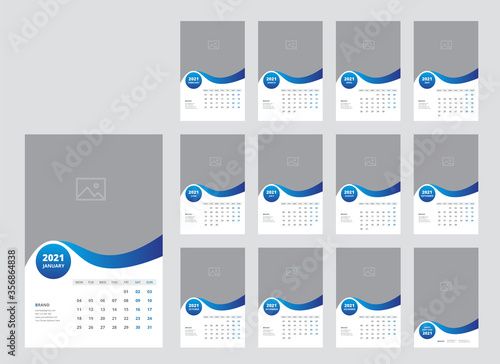 Calendar planner template for 2021 year. Stationery Design. Week starts on Monday. Set of 12 months. Vector Illustration