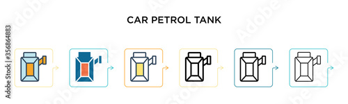 Car petrol tank vector icon in 6 different modern styles. Black, two colored car petrol tank icons designed in filled, outline, line and stroke style. Vector illustration can be used for web, mobile,