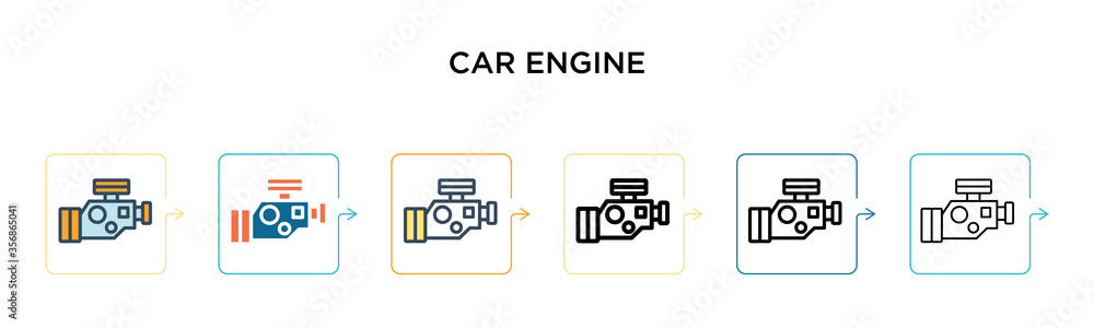 Car engine vector icon in 6 different modern styles. Black, two colored car engine icons designed in filled, outline, line and stroke style. Vector illustration can be used for web, mobile, ui Car engine vector icon in 6 different modern styles. Black, two colored car engine icons designed in filled, outline, line and stroke style. Vector illustration can be used for web, mobile, ui