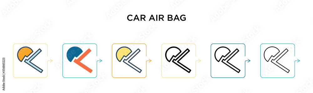 Car air bag vector icon in 6 different modern styles. Black, two colored car air bag icons designed in filled, outline, line and stroke style. Vector illustration can be used for web, mobile, ui Car air bag vector icon in 6 different modern styles. Black, two colored car air bag icons designed in filled, outline, line and stroke style. Vector illustration can be used for web, mobile, ui