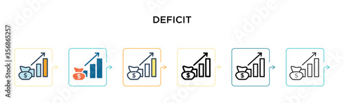 Deficit vector icon in 6 different modern styles. Black, two colored deficit icons designed in filled, outline, line and stroke style. Vector illustration can be used for web, mobile, ui