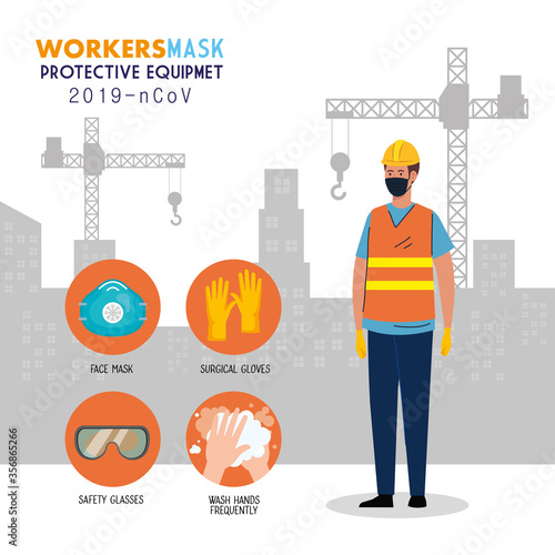 worker construction wearing medical mask against covid 19 with protective equipment 291 ncov vector illustration design