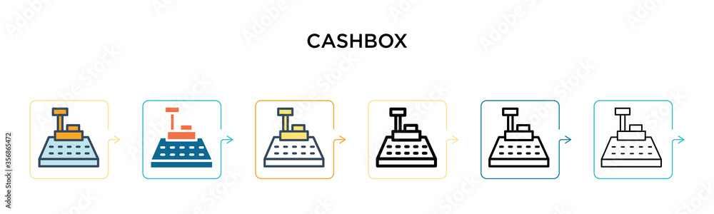 Cashbox vector icon in 6 different modern styles. Black, two colored cashbox icons designed in filled, outline, line and stroke style. Vector illustration can be used for web, mobile, ui Cashbox vector icon in 6 different modern styles. Black, two colored cashbox icons designed in filled, outline, line and stroke style. Vector illustration can be used for web, mobile, ui
