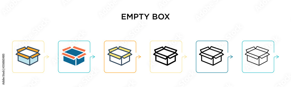 Empty box vector icon in 6 different modern styles. Black, two colored empty box icons designed in filled, outline, line and stroke style. Vector illustration can be used for web, mobile, ui Empty box vector icon in 6 different modern styles. Black, two colored empty box icons designed in filled, outline, line and stroke style. Vector illustration can be used for web, mobile, ui