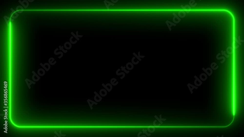 Glowing neon green frame on an isolated black background. Empty neon signboard, billboard fluorescent light glowing on banner background. Rectangle with rounded edges.