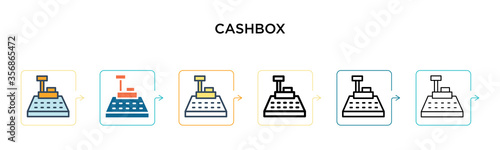 Cashbox vector icon in 6 different modern styles. Black, two colored cashbox icons designed in filled, outline, line and stroke style. Vector illustration can be used for web, mobile, ui