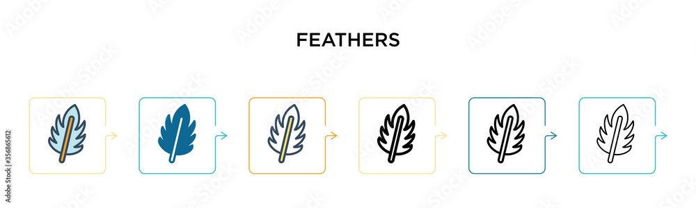 Fototapeta premium Feathers vector icon in 6 different modern styles. Black, two colored feathers icons designed in filled, outline, line and stroke style. Vector illustration can be used for web, mobile, ui