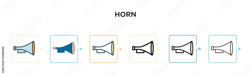 Horn vector icon in 6 different modern styles. Black, two colored horn icons designed in filled, outline, line and stroke style. Vector illustration can be used for web, mobile, ui