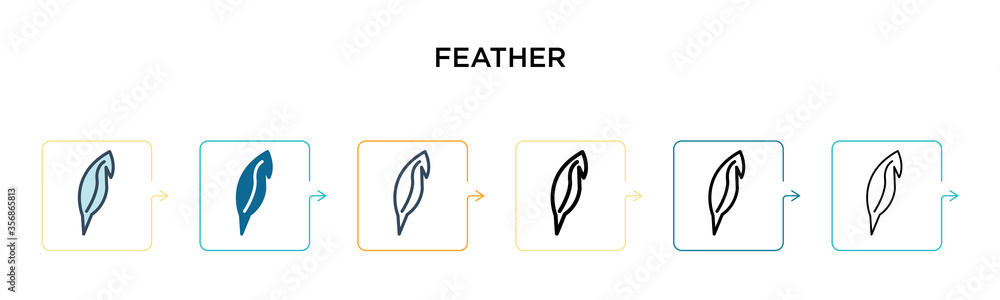 Feather vector icon in 6 different modern styles. Black, two colored feather icons designed in filled, outline, line and stroke style. Vector illustration can be used for web, mobile, ui Feather vector icon in 6 different modern styles. Black, two colored feather icons designed in filled, outline, line and stroke style. Vector illustration can be used for web, mobile, ui